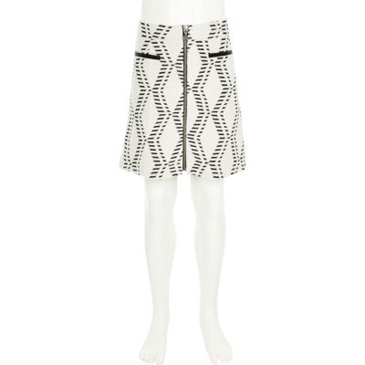 Girls white geometric zip-up skirt